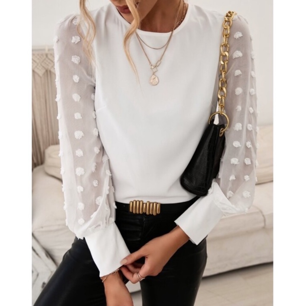 White Swiss dot sheer sleeve chic blouse